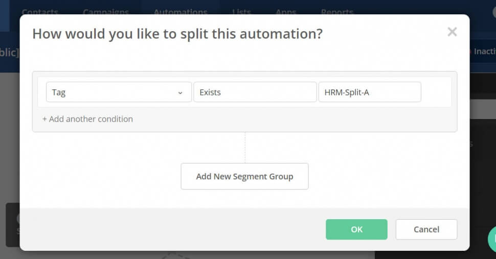 Image of a Active Campaign automation action to check if a contacts has the tag 'HR-Split-A' or not