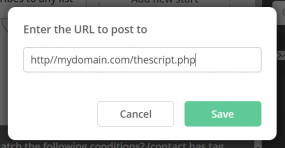 Image of the add webhook url dialog box in an Active Campaign automation