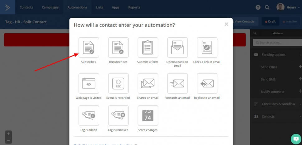 Image of the menu you see in Active Campaign automations where it asks you what is the trigger for the automation