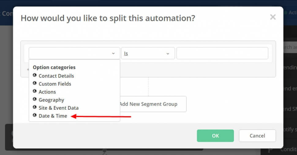 Image of the time and date way of splitting contacts in an Active Campaign automation