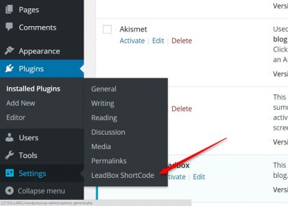 Image of the WordPress backend, where you can find all the Setting Sub-Menu's