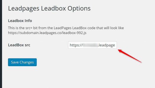 Image of the LeadBox ShortCode Options Page with the area that the LeadPages JS link has to be inseted