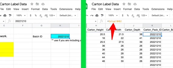 Image showing how to reference the Batch ID created on the setup sheet with a formula on the Carton Data Sheet