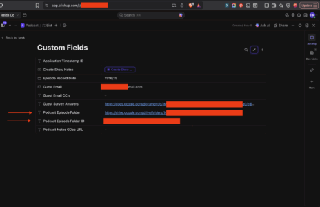 Picture showing my podcast ClickUp custom fields.