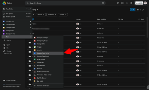 Image of where to go in Google Drive to create a Google Apps Script