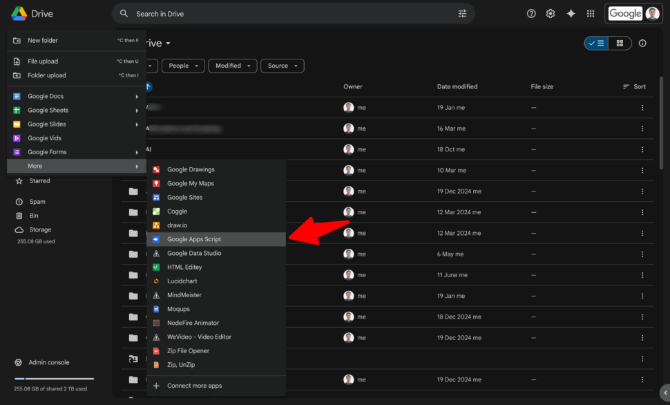Image of where to go in Google Drive to create a Google Apps Script