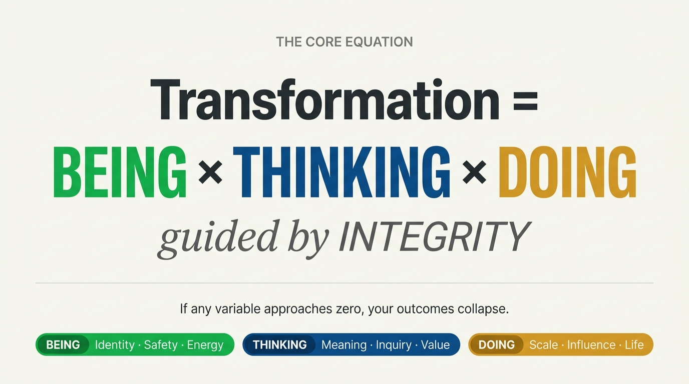 The Absolutely Awesome Framework transformation formula: Transformation equals BEING times THINKING times DOING, guided by INTEGRITY