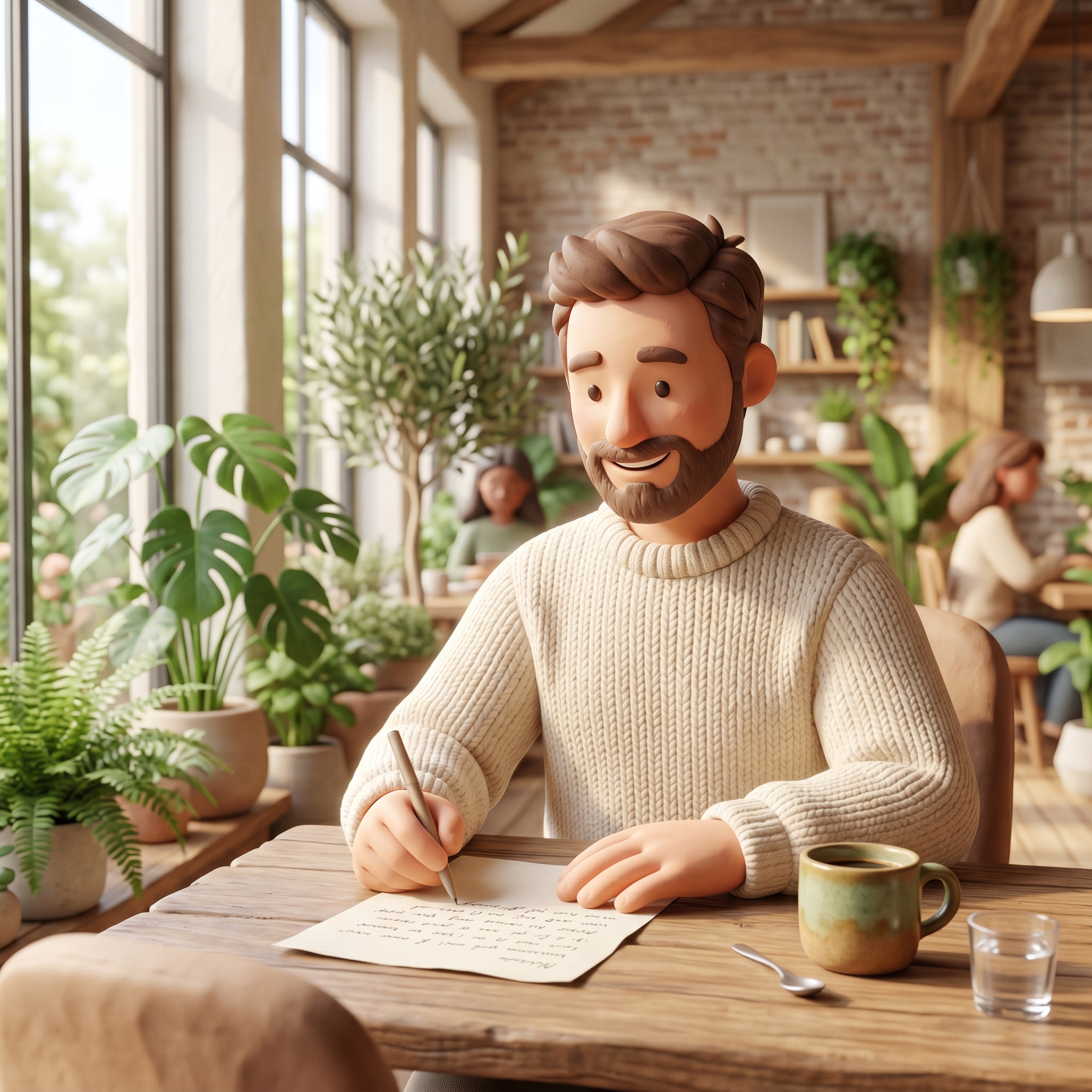 Founder writing a thoughtful message, warm airy cafe, genuine care not performance