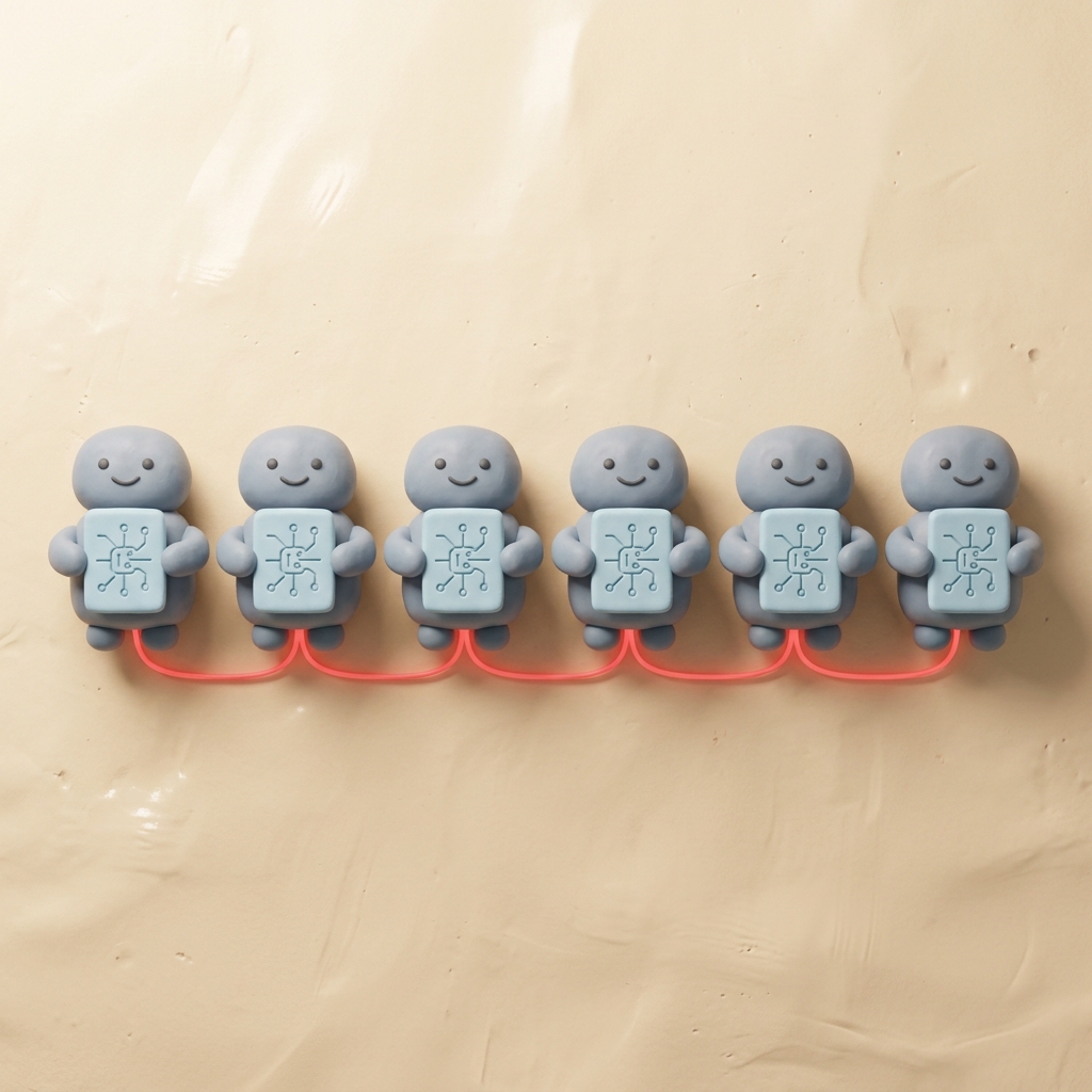 Six identical clay robots illustrating the AI Hivemind problem that the Context Architecture Method is designed to solve