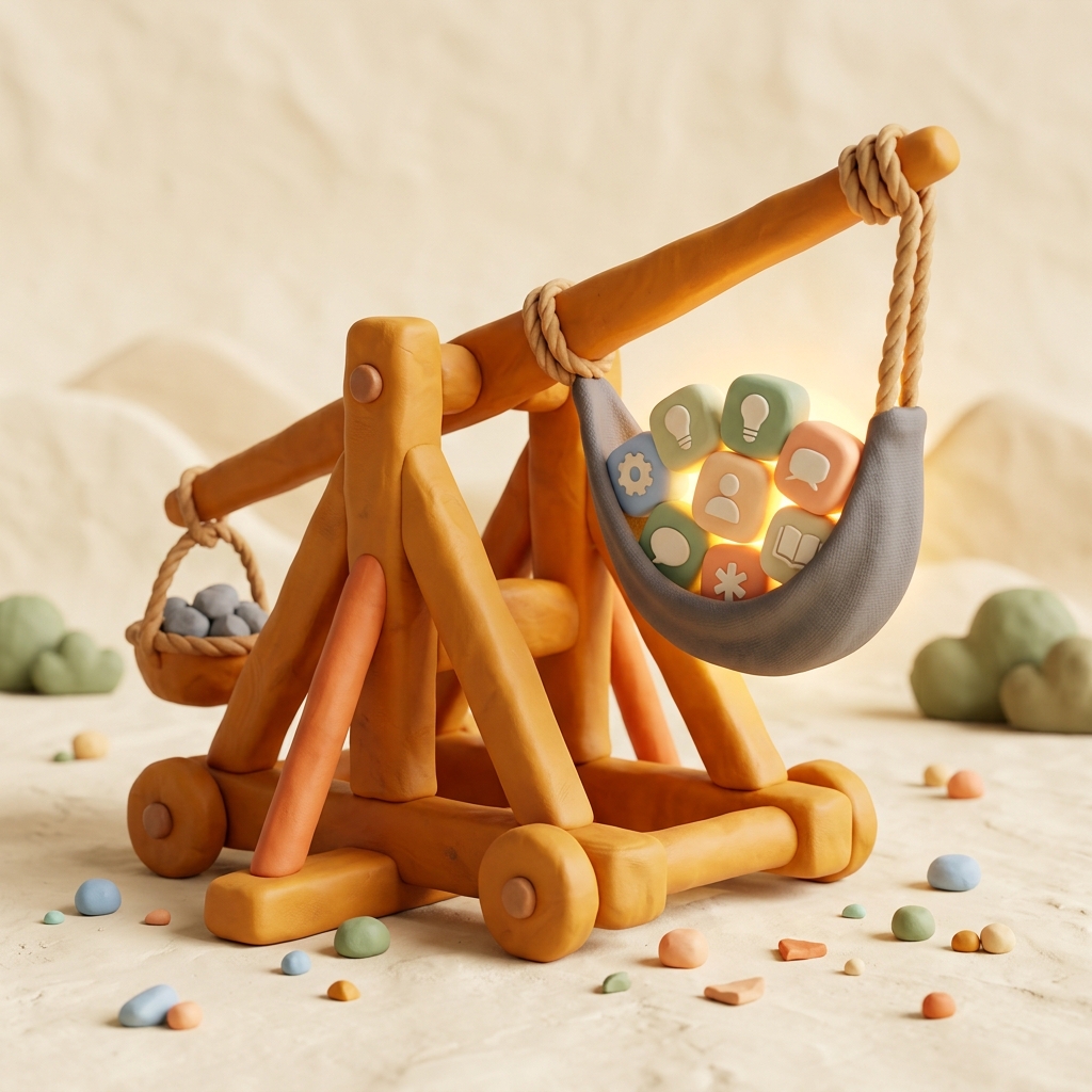 Clay trebuchet illustrating the One Shot Principle in the Context Architecture Method: load all context before firing