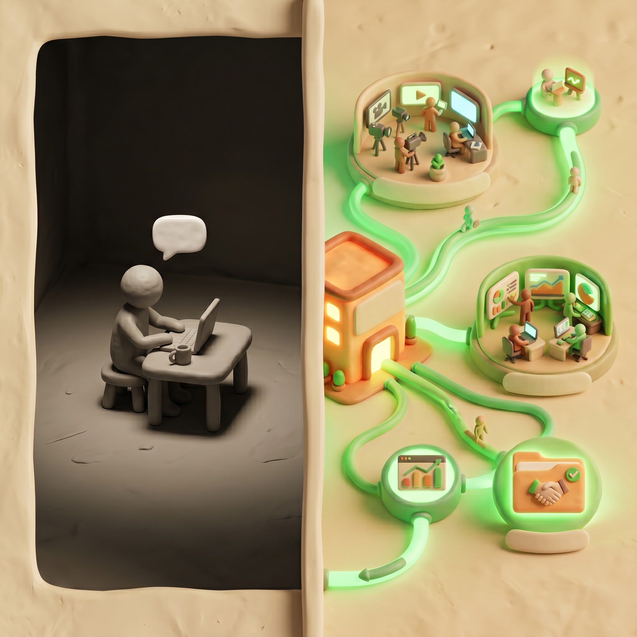 Split illustration contrasting a single figure at a laptop with a connected AI-first business infrastructure