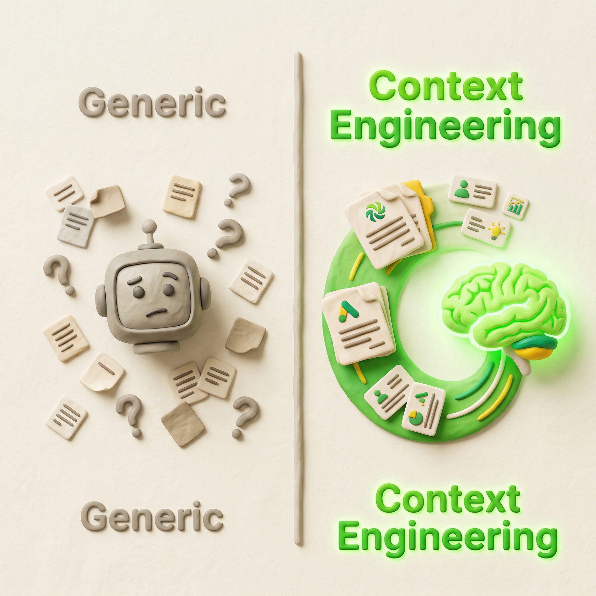 Context engineering vs generic AI — structured knowledge flowing into AI vs chaotic generic inputs