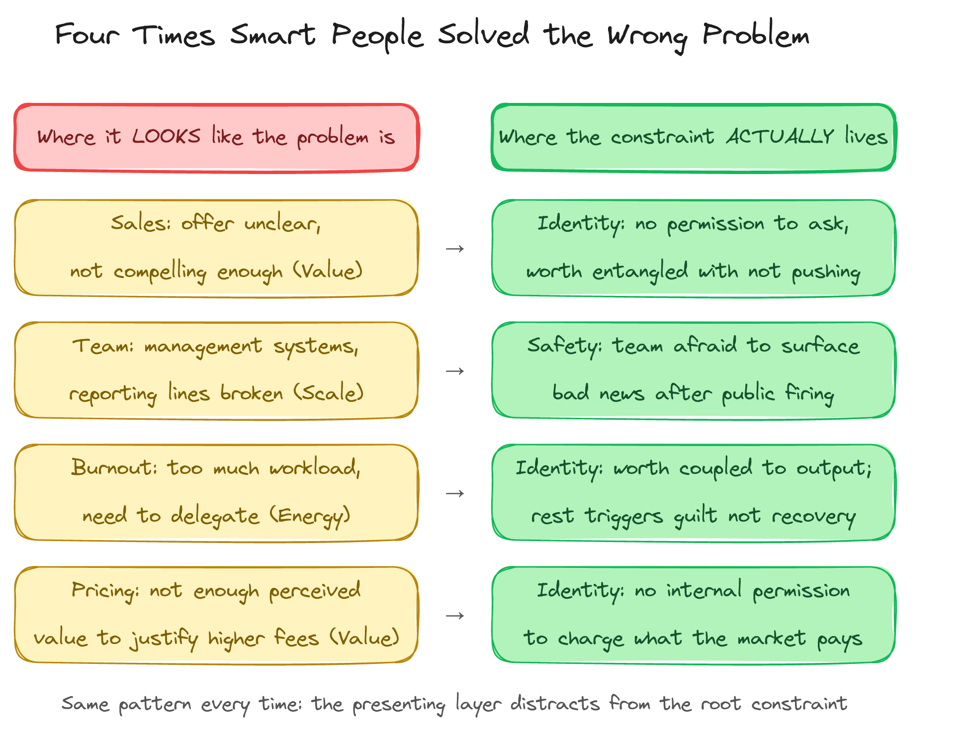 Four times smart people solved the wrong problem — presenting layer vs actual constraint
