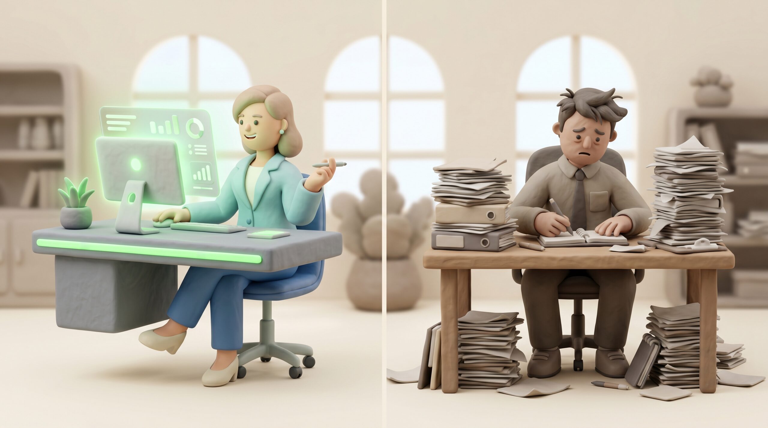 Two clay figures showing the contrast between a manager using AI for information tasks and an employee still doing manual execution work