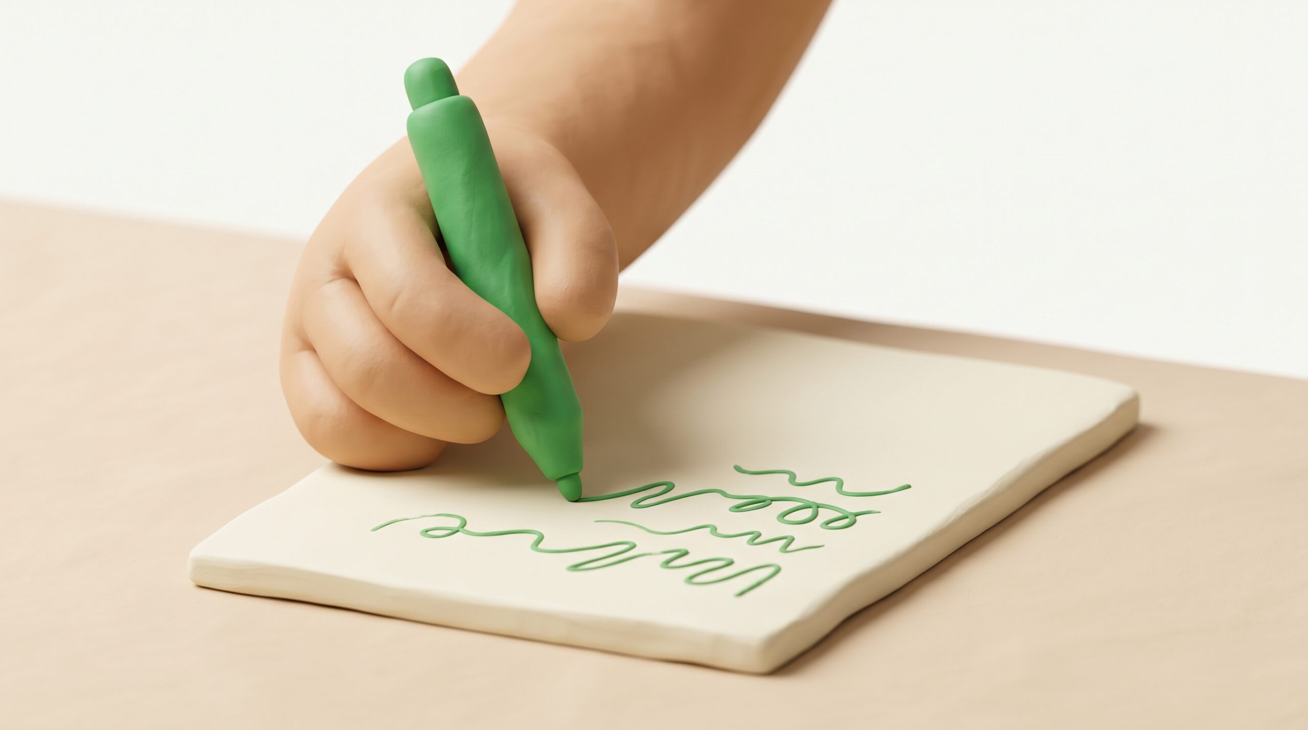 A hand writing slowly and awkwardly with the wrong hand, the honest answer leaking onto the page.