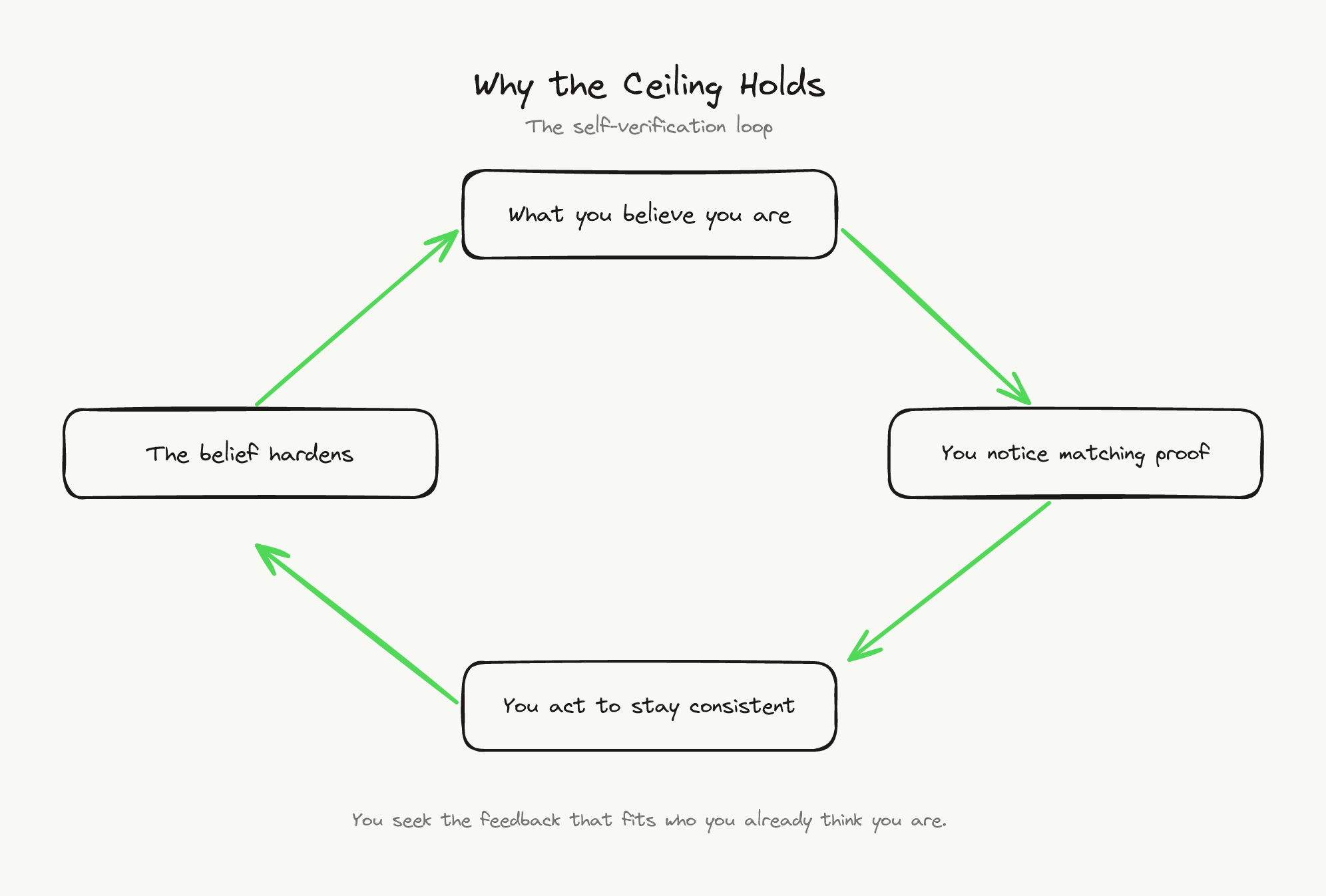 The self-verification loop: what you believe about who you are, then you notice the proof that matches it, then you act to stay consistent, and the belief hardens.